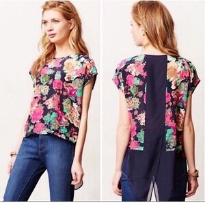 Anthropologie Maeve Floral 100% Silk Top open split back blouse semi sheer 6